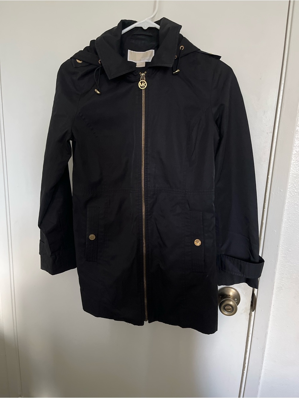 Michael Kors Black Hooded Trench Coat with Gold Accents
